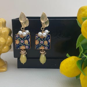 Sicilian earrings, ceramic tile earrings, lemon earrings, yellow drop pearl and river pearls, maxi earrings