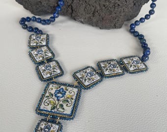 Sicilian necklace, lapis lazuli necklace, Caltagirone ceramic tile necklace, blue necklace, majolica necklace.