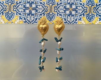 Long earrings, sacred heart earrings, dangling earrings, freshwater pearls and blue bamboo coral chips, boho earrings .§