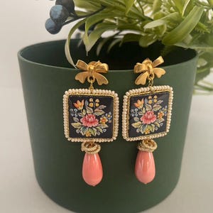 Sicilian earrings, Caltagirone ceramic tile, gold zama pin, gold bow, pink drop pearl, pendant earrings