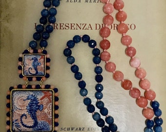 Sicilian necklace with mixed pearls, pink agate and blue agate, ceramic tiles from Caltagirone. Girl gift.