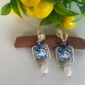 Sicilian earrings, Caltagirone ceramic tile, floral majolica, blue lapis lazuli, and white agate