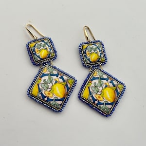 Sicilian earrings, Caltagirone earrings, lemon earrings, Sicilian majolica, pendant earrings, tile earrings, 925 silver