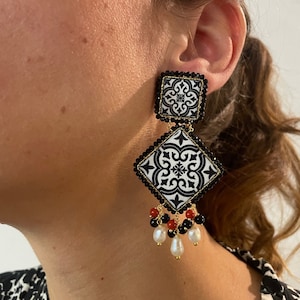 Sicilian earrings, double Caltagirone tile, majolica earrings, 925 silver earrings, cluster earrings, gift for her