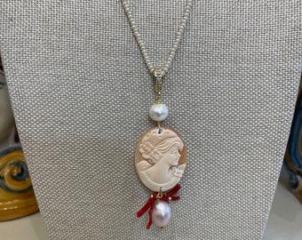 Necklace with genuine sardonic shell cameo, delicate necklace, freshwater pearl necklace, gift for her, gift for mother.|