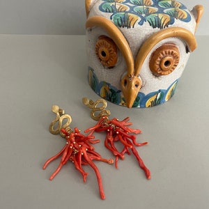 Authentic Mediterranean Coral earrings, cluster earrings, long drop earrings, Sicilian earrings, snake stud. image 3