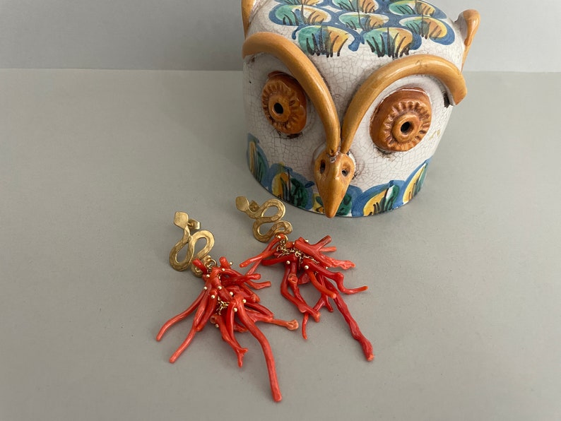 Authentic Mediterranean Coral earrings, cluster earrings, long drop earrings, Sicilian earrings, snake stud. image 3