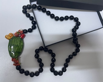 Sicilian necklace, onyx necklace, long necklace, prickly pear in Caltagirone ceramic, maxi necklace, unisex gift idea, black necklace.