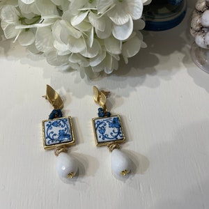 Sicilian earrings, Caltagirone ceramic tile, floral majolica, blue chips and white agate *