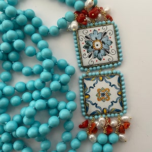 Tile necklace, 3 strand turquoise necklace, Caltagirone ceramic, hand knotted necklace, Sicilian majolica necklace, gift for her.