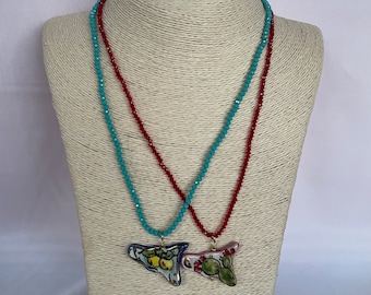 Sicilian Necklace with Sicily Pendant in Caltagirone Ceramic - Handmade Necklace with Colored Crystals
