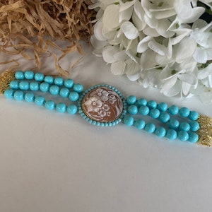 Cameo bracelet, three strands of turquoise pearls, gold filigree clasp, central shell cameo from Torre del Greco, gift for her.