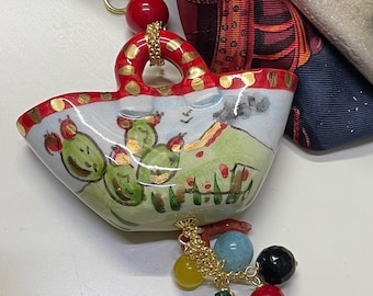 Pendant, Caltagirone ceramic handbag, natural pearls, semiprecious stones and coral, Sicilian necklace.