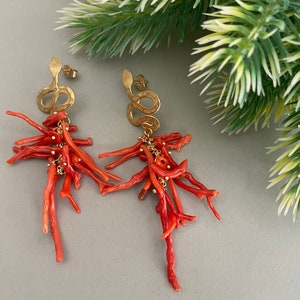 Authentic Mediterranean Coral Earrings, Cluster Earrings, Long Drop Earrings, Sicilian Earrings, Snake Stud.