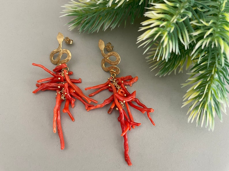 Authentic Mediterranean Coral earrings, cluster earrings, long drop earrings, Sicilian earrings, snake stud. image 1