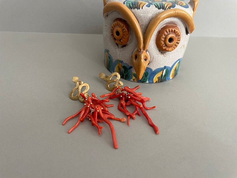 Authentic Mediterranean Coral earrings, cluster earrings, long drop earrings, Sicilian earrings, snake stud. image 5