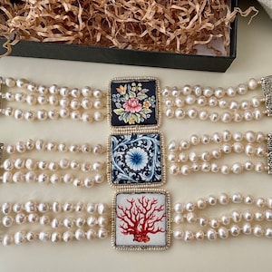 Bracelets with three strands of freshwater pearls, Caltagirone ceramic tile bracelet, filigreed brass clasp. Gift for her.