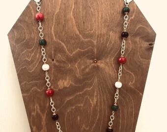 Necklace with golden chain and agate beads of various colors, onyx and pearls. girl gift.=