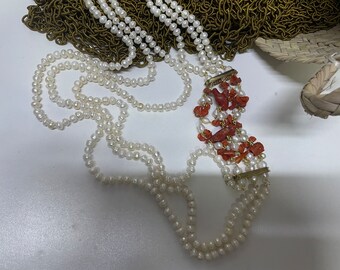 Colar de várias voltas com pérolas de rio, colar de coral e pérolas, coral natural do Mediterrâneo, colar maxi, presente de noiva, colar boho.