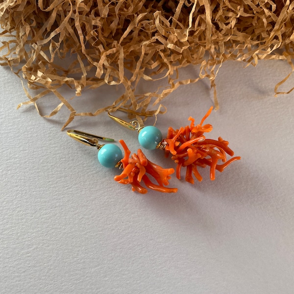 Authentic Mediterranean coral branch cluster earrings, turquoise pearl, Sicilian earrings, gift for her. §