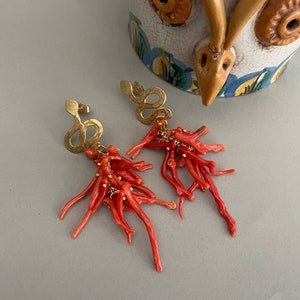 Authentic Mediterranean Coral earrings, cluster earrings, long drop earrings, Sicilian earrings, snake stud. image 6