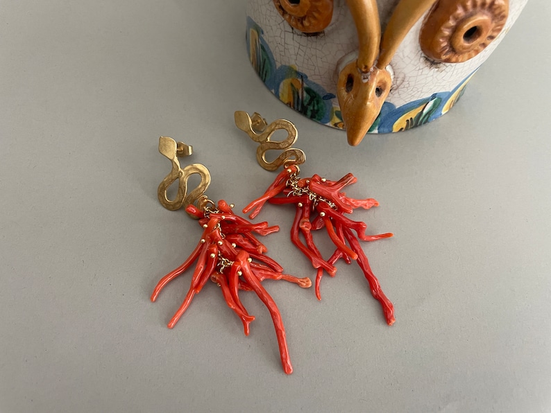 Authentic Mediterranean Coral earrings, cluster earrings, long drop earrings, Sicilian earrings, snake stud. image 6
