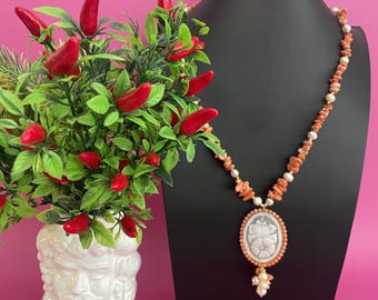 Cameo necklace, authentic Mediterranean coral necklace, river pearls, pink coral necklace.