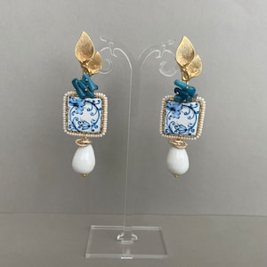 Sicilian earrings, Caltagirone ceramic tile, floral majolica, blue chips and white agate *