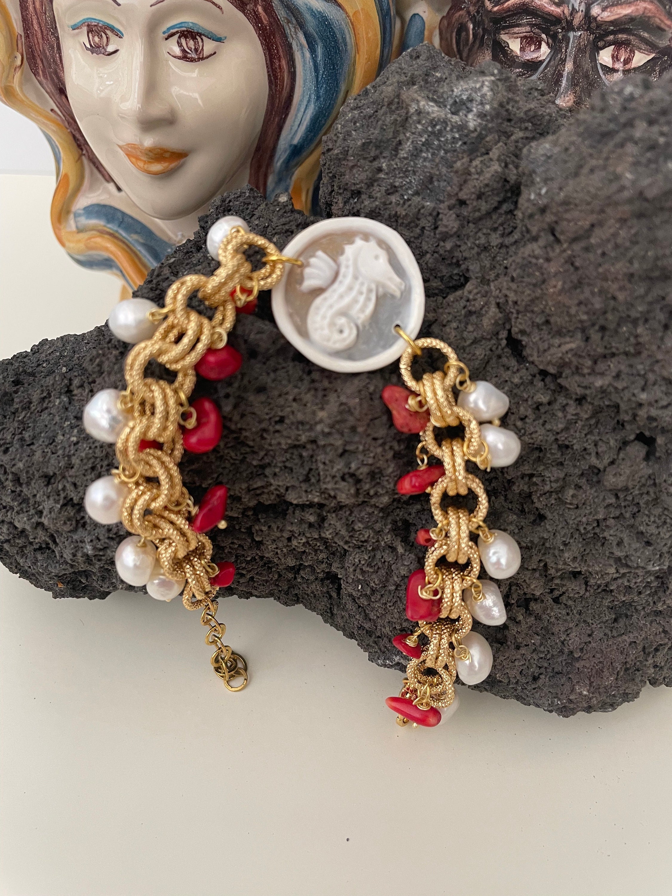 Cameo Bracelet, Bracelet with wide link chain, authentic shell cameo, river pearls and coral chips.