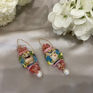 Sicilian earrings, Moor&#39;s head earrings, Caltagirone jewelry, hand painted earrings, pendant earrings, pink earrings