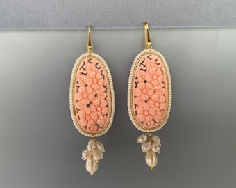 Boucles D'oreilles En Argent 925 – Ornées De Perles, Camées Roses Et Corail – Dormeuses – Neuf Avec étiquettes