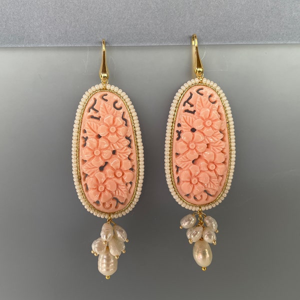 Eye-catching earrings, 925 silver earrings, pink cameo earrings, coral resin, clusters of freshwater pearls, classic earrings. (