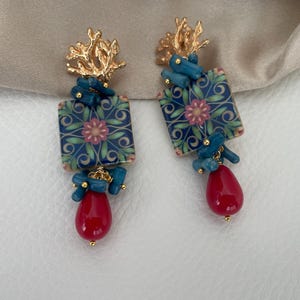 Caltagirone ceramic tile earrings, Sicilian earrings, coral branch earrings, pendant earrings, blue chips and red pearl