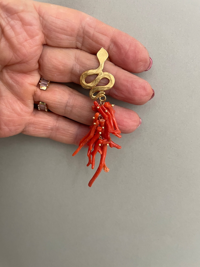 Authentic Mediterranean Coral earrings, cluster earrings, long drop earrings, Sicilian earrings, snake stud. image 7