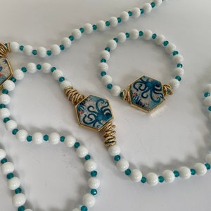 Long necklace, white agate pearls and turquoise crystals, Caltagirone ceramic tile necklace, white necklace, octopus necklace.!