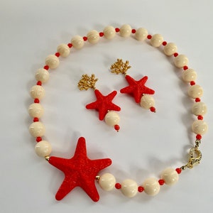 Bone pearl choker necklace, necklace with large star, bone resin chocker and orange star, summer necklace, gift for her.&