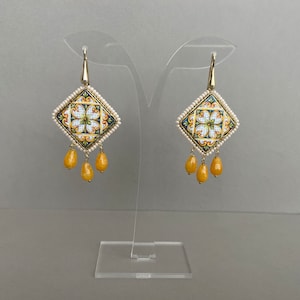 925 silver earrings, Caltagirone ceramic tile, yellow agate, Sicilian majolica earrings, geometric design.