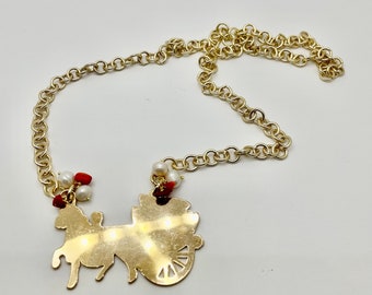 Necklace with Sicilian cart pendant in brass, freshwater pearls and coral. aluminum chain, girl necklace.=