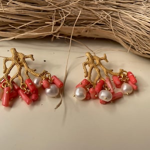 Earrings with brass pin, coral branch, pink coral and river pearls