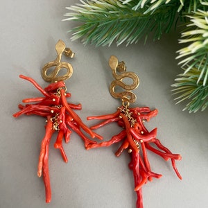 Authentic Mediterranean Coral earrings, cluster earrings, long drop earrings, Sicilian earrings, snake stud. image 9