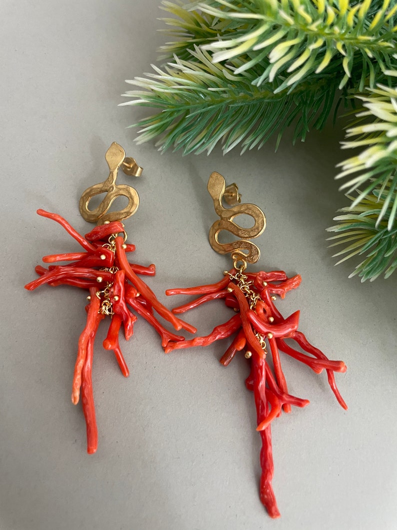 Authentic Mediterranean Coral earrings, cluster earrings, long drop earrings, Sicilian earrings, snake stud. image 9