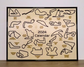 Formel 1 2024 Kalender | Lasergeschnittene Holzkunst | 40x30cm schwarzer Rahmen