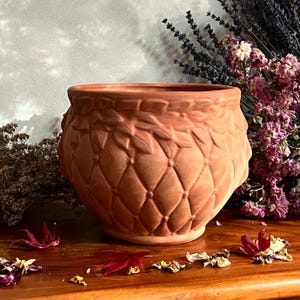 Puede incluir: Maceta de terracota con un patrón de diamante y un diseño de hojas. La maceta es de color marrón claro y tiene una forma redondeada.