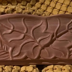 May include: A rectangular terracotta-colored ceramic planter featuring a raised relief design of stylized leaves on its front surface. The vessel has a wide, flared rim with pointed corners and a flat base, showcasing a matte finish throughout.