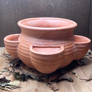 May include: Terracotta planter with four separate planting sections, ideal for herbs or small plants. The planter has a rustic, hand-crafted look.