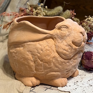 May include: A terracotta-colored ceramic planter shaped like a rabbit. The planter has a detailed, textured surface and a wide opening. The rabbit's face is visible, with its ears and eyes clearly defined. A decorative item for home decor.