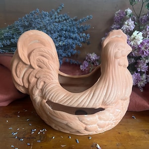 Könnte beinhalten: Ein terracotta-Pflanztopf in Form eines Hahns mit einem detaillierten Design. Der Topf hat ein Abzugsloch im Boden und ist perfekt für kleine Pflanzen.