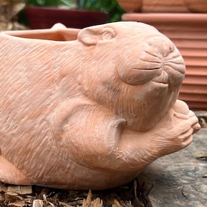 Può includere: Un vaso di fiori color terracotta a forma di coniglio addormentato. La scultura dettagliata presenta la consistenza della pelliccia e i lineamenti del viso del coniglio. Il vaso è progettato per piccole piante e aggiunge un tocco stravagante a qualsiasi giardino o spazio interno.