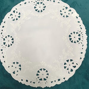 White Embroidered Table Centerpiece: 18-inch Round Satin Table Decoration