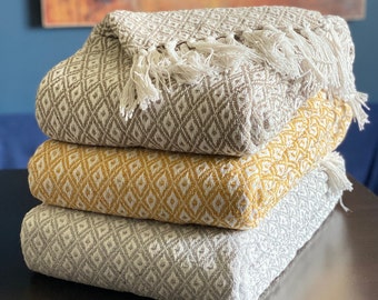 100% Cotton Geometric Diamond Check Large Sofa Blankets Throws Fringed Soft - Taupe Beige / Dove Grey / Ochre Yellow